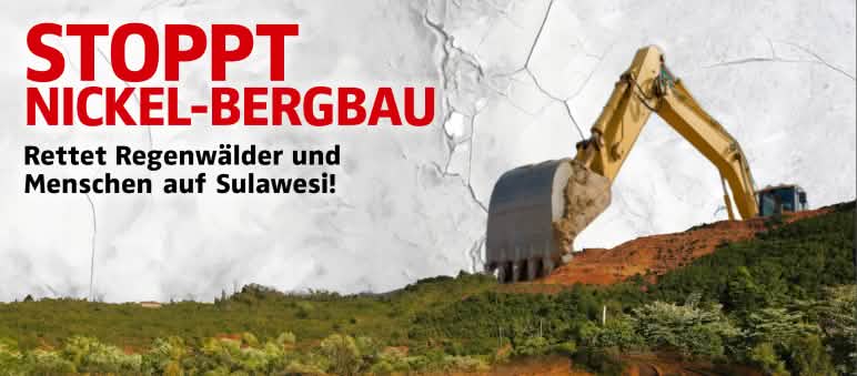 Selamatkan seluruh hutan hujan dan penduduk di Sulawesi! Kolase foto bulldozer, pertambangan, perusakan hutan