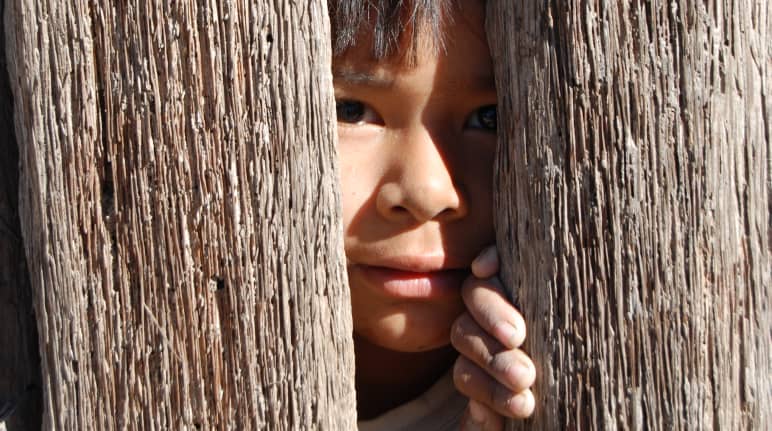 Seorang anak mengintip diantara dua papan kayu