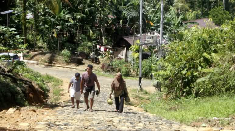 Masyarakat adat di hutan Batang Toru merupakan tetangga orang utan Tapanuli Tiga warga di jalan berbatu di sebuah desa di hutan
