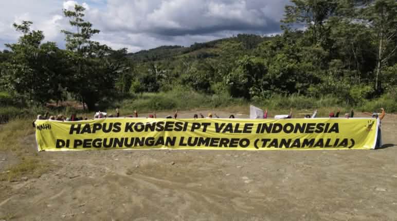 Hapus konsesi PT Vale Indonesia di pegunungan Lumereo (Tanamalia) Spanduk besar "Hapus Konsesi PT Vale Indonesia"