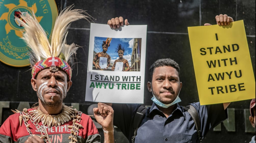 Dua pembela lingkungan hidup Indonesia mengacungkan plakat solidaritas