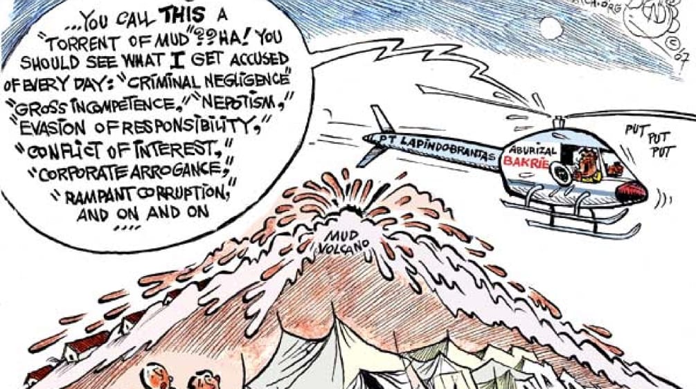 Karikatur tentang tanggung jawab pengusaha dan Menteri Bakrie atas semburan lumpur panas di Sidoarjo